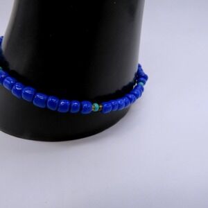 Cobalt Blue Seed Bead Bracelet Turquoise Accents Gold Tone Lobster Clasp Boho